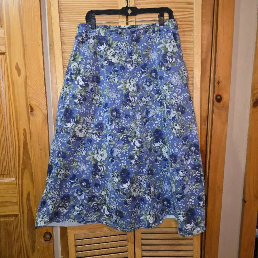 Hunt Club Vintage Denim Midi Floral Skirt, Size 16